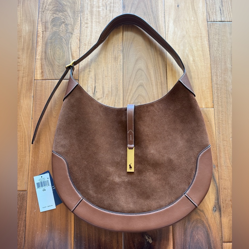 Ralph Lauren Polo ID Suede Large Shoulder Bag Brown Suede Shoulder Hobo